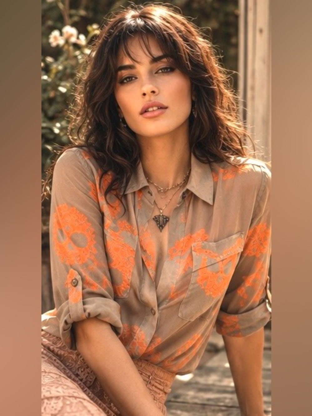 Vintage Skull Blouse by Karlie |Whimsy Goth Boho Neon Orange Tan Sheer Button Up